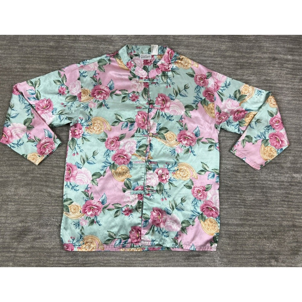 Kathryn Pajama Top Womens Medium Pink Mint Floral Satin Frog Button Mandarin Vtg